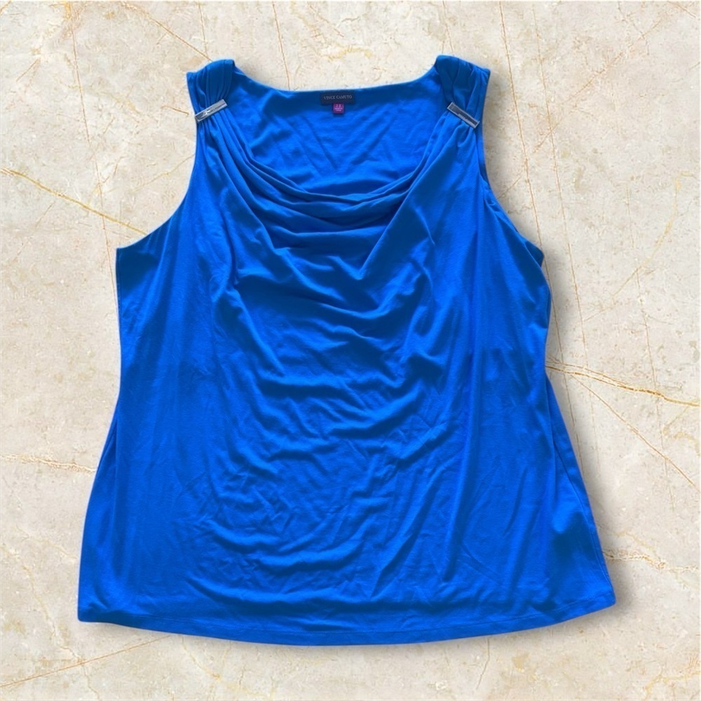 blue Vince Camuto women's sleeveless tank top with a cowl neck.